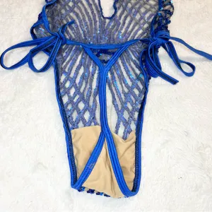 Brazilian Blue Sequin Sheer Plunge One-Piece Thong Side Tie Swimwear Size Small thumbnail 9