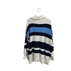 Aerie Oversized Quarter Zip Striped Cotton Sweater XL Navy Blue Cream Slouchy thumbnail 3