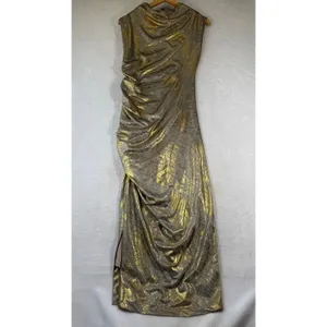 Anthropologie Gold Metallic Maxi Dress Sleeveless Ruched‎ Slit Cowl Neck S NEW thumbnail 11