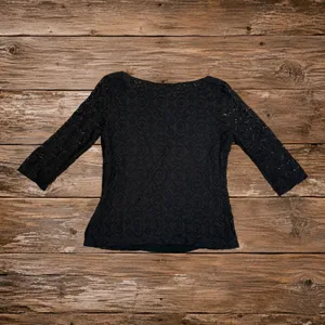 Banana Republic Black Lace Top 6P Business Casual Officewear Sheer Sleeves thumbnail 3
