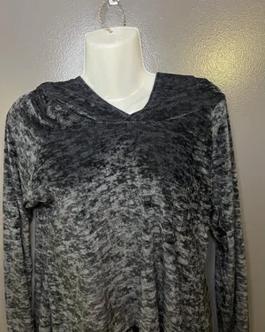 Vine Street Tunic Top Womens Medium Gray Velour Hooded Lace Hem Long Sleeve thumbnail 1