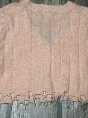Double Zero Distressed Frayed Hem Cropped Cardigan Sweater Peach Pink Small thumbnail 6
