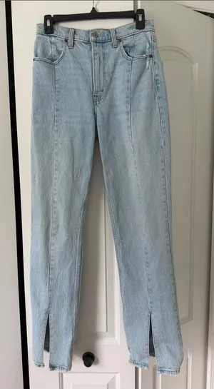 Abercrombie & Fitch Light Blue Straight Leg Jeans with Split Hem thumbnail 1