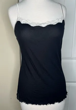 Black Lace Trim Cami Tank Top Womens Size XL Y2K Style Mesh Layering Whimsigoth thumbnail 1