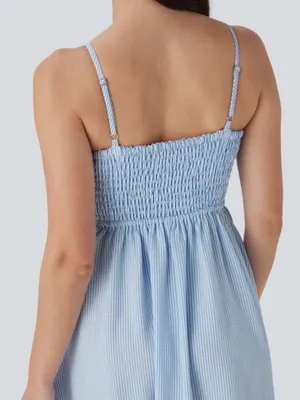 NWOT Halara Blue and White Shirred Stripe Midi Slip Dress thumbnail 4