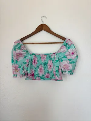 Floral Mint and Pink Puff-Sleeve Crop Top thumbnail 2