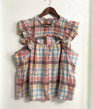 Old Navy Womens Shirt Blouse Multicolor Plaid Smocked cotton Blend Size XL thumbnail 1