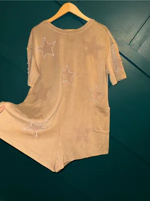 Davi & Dani Camel Casual Romper with Pearl Stars Western Chic Coastal Cowboy thumbnail 4