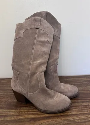 Crown Vintage Windy‎ Taupe Suede Western Tall Boots Womens 7M Stacked Heel thumbnail 1