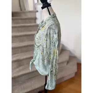 Free People Light Blue & Green Leaf Print Gauze Tie Waist Button Down Shirt thumbnail 4