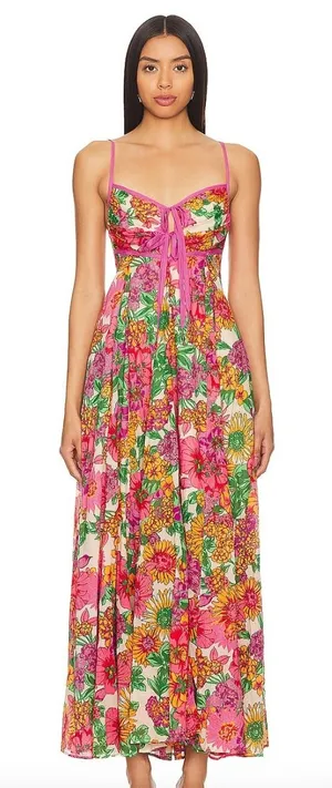 Free People Pink Floral Lace Up Empire Waist Dream Weaver Maxi Dress Sz Med thumbnail 1