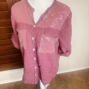 Dusty Rose 100% Linen Top Blouse made in Italy sequins roll tab sleeves camp M thumbnail 3
