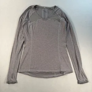 Lululemon Gray Long Sleeve Running Top Mesh Panels Back Pocket Wheel Graphic thumbnail 1