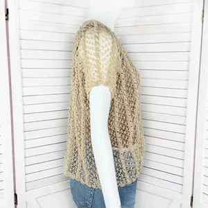 Vintage Boho Crochet Lace Sheer Topper Cardigan Button Up Tan Medium Cottagecore thumbnail 3