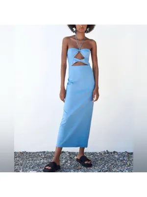 Zara Bright Blue Strapless Cutout Midi Dress thumbnail 2