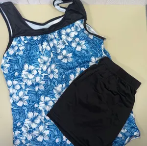 Women’s Blue & White Tropical Tankini Swimsuit with Black Swim Shorts XL NWOT thumbnail 1