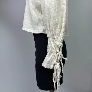Zara Womens White Cream Ribbed Tie Long Sleeve Crew Cropped Sweater Top Size S thumbnail 5