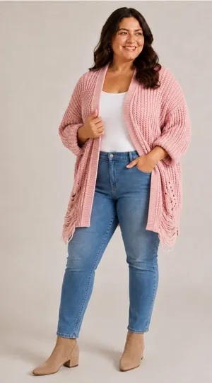 Blush Pink Chunky Knit Fringe Cardigan Oversized Boho Cozy Sweater thumbnail 1
