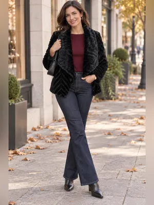 Nina Leonard Black Faux Fur Chevron Bolero Jacket Size M Satin Lined Luxury Glam thumbnail 9