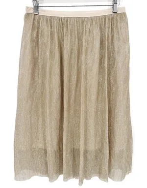 Lavand Gold Shimmer Pleated Midi‎ Skirt Metallic Pleated Sheer Lined Sz L thumbnail 1