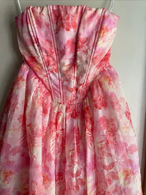 Lulus Eulalia Pink Floral Lace-Up Strapless Bustier Midi Dress thumbnail 6