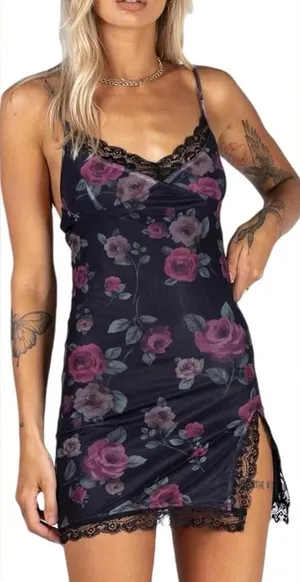 Motel Rocks Black Floral Lace Trim Mini Dress XS Goth Slip Y2K thumbnail 1
