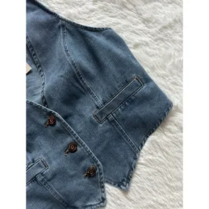 NWT Happily Grey Denim Vest Medium Wash Button Front Cropped Waistcoat Size M thumbnail 2