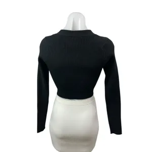 Windsor Black Ribbed Knit Long Sleeve V Neck Button Up Cardigan Crop Top Size S thumbnail 4