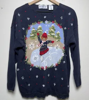 White Stag Women Christmas Holiday Ramie Cotton Sweater Blue Ice Skating Bear Crochet thumbnail 1
