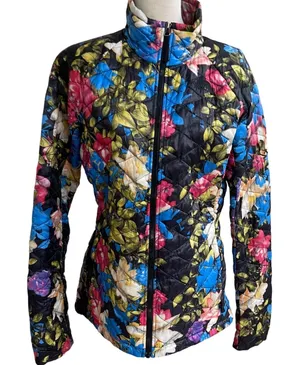 The North Face Thermoball Floral Quilted Puffer Jacket Black Multi Womens Small thumbnail 1