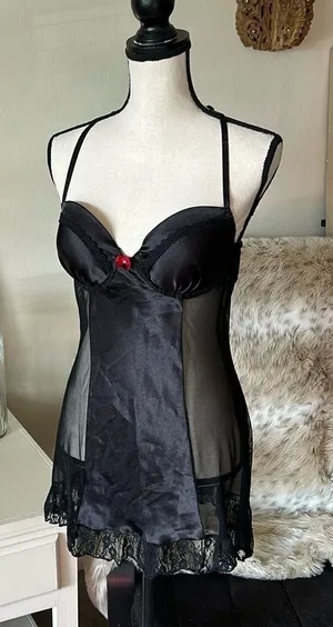 Dolls Kill Black satin sheer mesh ruffle sexy goth vamp maid nighty slip mini dress M​​​​​ thumbnail 1