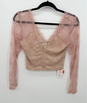 Cider Pink Lace Long Sleeve Crop‎ Top Button Front Size M Witchy Fairy Romantic thumbnail 1
