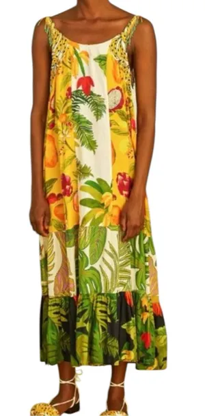 Farm Rio size medium mixed prints Tropical Yellow Floral Maxi Dress beaded thumbnail 1
