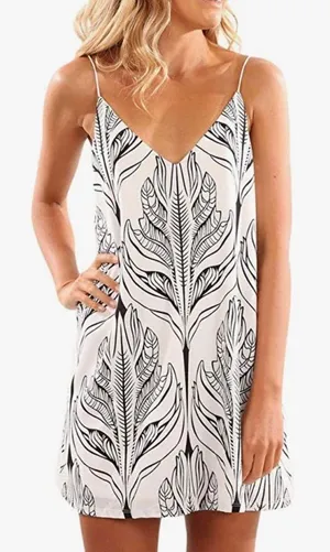 Sidefeel Women V Neck Halter Printed Casual Strap Dress Medium White thumbnail 1