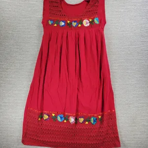 Handmade Mexican Dress M Red Embroidered Muumuu Floral Crochet Boho Hippie Midi thumbnail 11