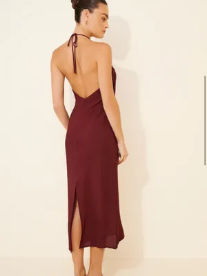 Anthropologie Astoria Halter Midi Slip Dress with Large Floral Print in Burgundy thumbnail 2