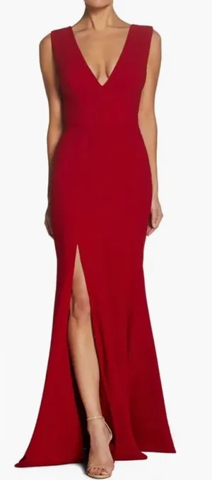 NWOT Dress the population Sandra Plunge Crepe Trumpet Gown Red garnet Sz M thumbnail 1