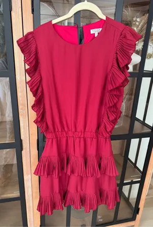Shop The Mint TCEC Crimson ruffle tiered mini dress maroon a&m alabama pleated short sleeve thumbnail 1