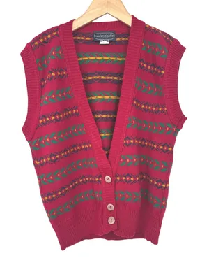VTG Sweater Vest Women Small Red Fair Isle Button USA Grannycore Preppy Retro thumbnail 1
