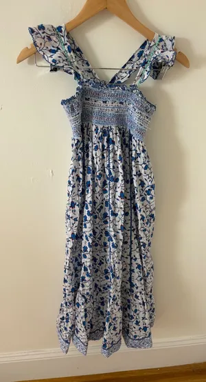 Poupette St Barth Blue Floral Smocked Ruffle Tiered Midi Sundress Vacation Boho thumbnail 1