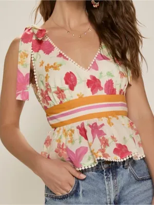 Francesca's Floral Tie-Shoulder Peplum Tank S - Pink & Cream thumbnail 1