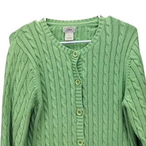 LL Bean Lime Green Cable Knit Cotton Button Up Cardigan Sweater Size LARGE thumbnail 3