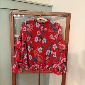Given Kale Red Floral Blouse with Layered Ruffled Sleeves thumbnail 3