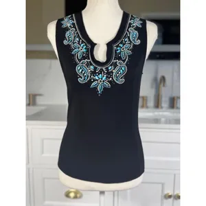 Team Athletics Beaded Paisley Tank Top Womens Medium Black Turquoise Sleeveless Split Neck thumbnail 3