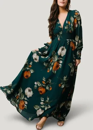 Baltic Born Olivia Teal Green Floral Smocked V-Neck Maxi Dress Long Sleeve 2XL thumbnail 1