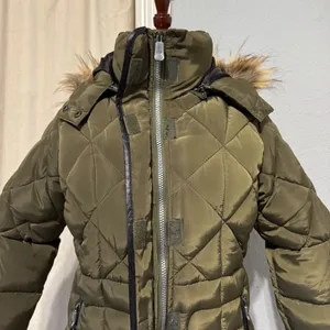 Weatherproof Olive‎ Green Quilted Puffer Jacket Faux Fur Trim Hood Women's Sz L thumbnail 11
