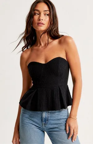 Free People Black Strapless Textured Peplum Bustier Top Size 8 thumbnail 1