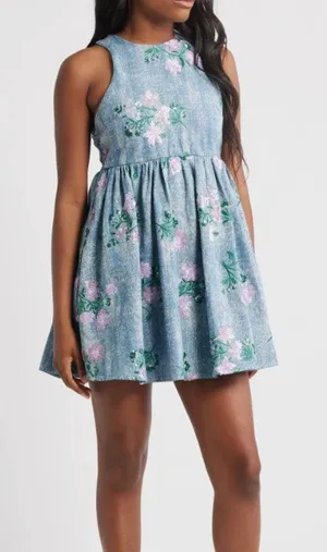 Sister Jane Azul Blue Denim Sequin Floral Minidress NWT Size S thumbnail 1