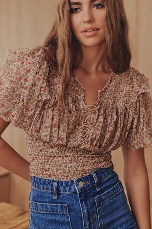 Free People Beatrice Floral Print Brown Lace Up Puff Sleeve Blouse Top Size S thumbnail 1