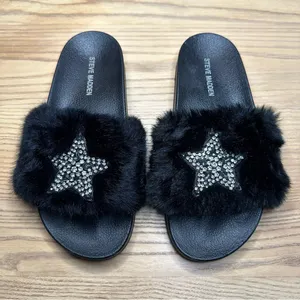 Steve Madden Black Faux Fur Shimmer Embellished Star Slide Sandals thumbnail 3
